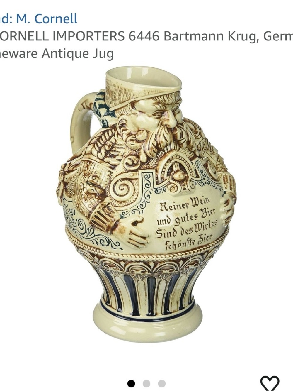 Antique German Bartmann Krug Ceramic Pitcher - Cream & Brown